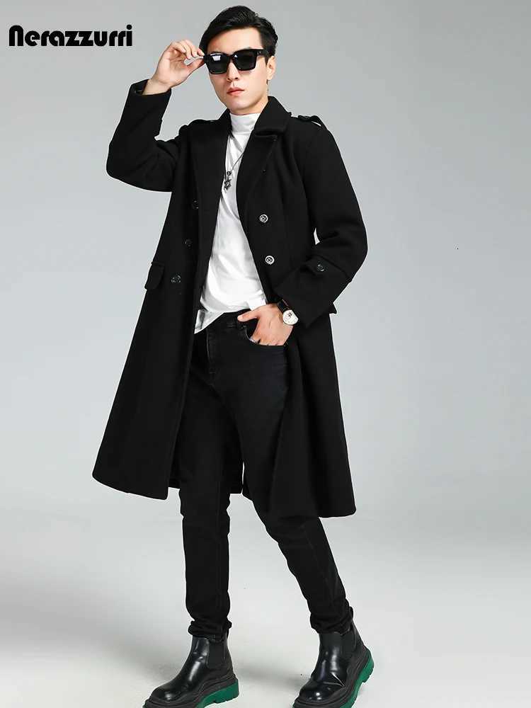 Nerazzurri Autumn Winter Long Elegant Luxury Chic Navy Blue Warm Woolen Coat for Men Double Breasted Wool blends Overcoat 2023T251025