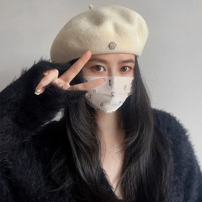 Vintage Winter Thick Warm Woolen Plain Beret Hat for Womens Girls Spanish Print Artist Casual Solid Color Beanie Cap 251023