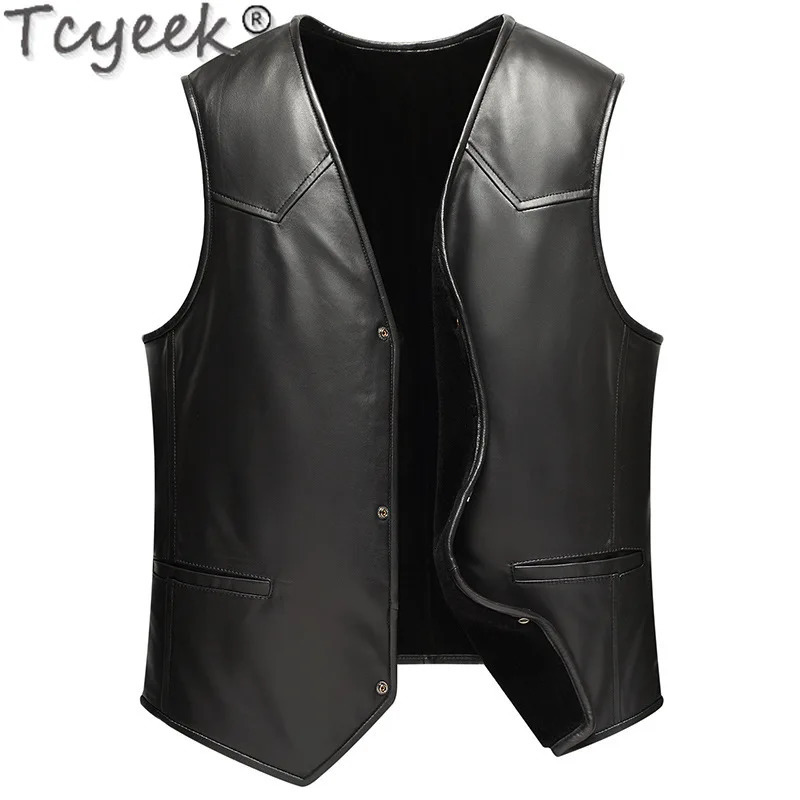 Tcyeek Real Leather Vest for Men Autumn Winter Clothes Genuine Sheepskin Fur Sleeveless Jacket Mens Vests Single Breasted 251020