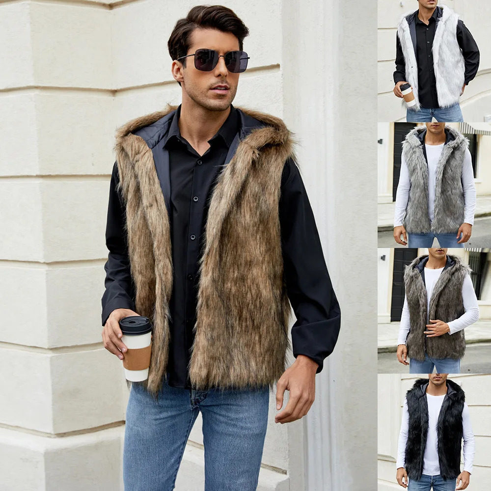 Men Hooded Vest V Neck Faux Fur Jackets Sleeveless Elegant Splice Vests Cardigan Hoodies Casual High Street Autumn Winter 251020