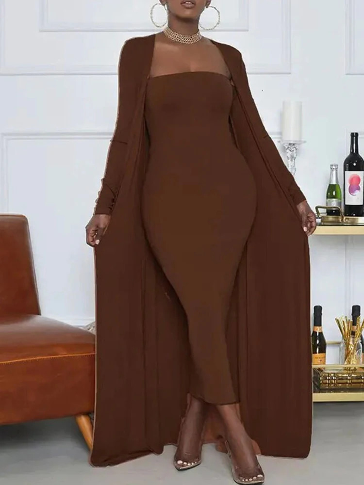 Solid Sexy TubeTop Slim Dress Long Cardigan 2Piece Set Elegant Party Dresses Sleeve Coat Woman Wedding Guest Suit 251016