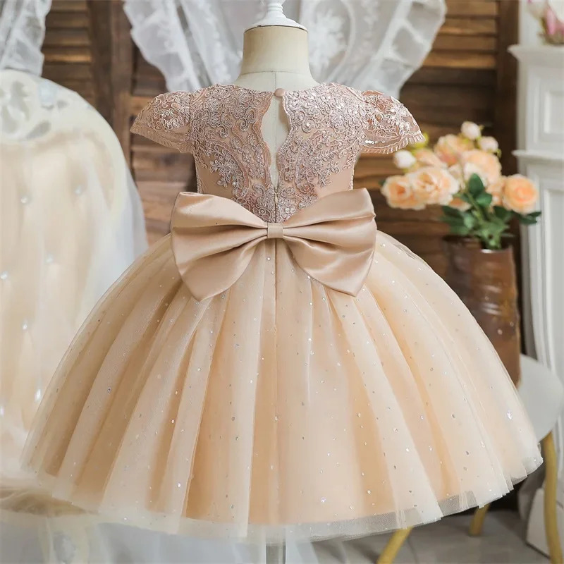 Toddler Girls 1st Birthday Christening Party Dresses Cute Bow Kids Princess Embroidery Backless Flower Girls Dresses for Wedding 251023