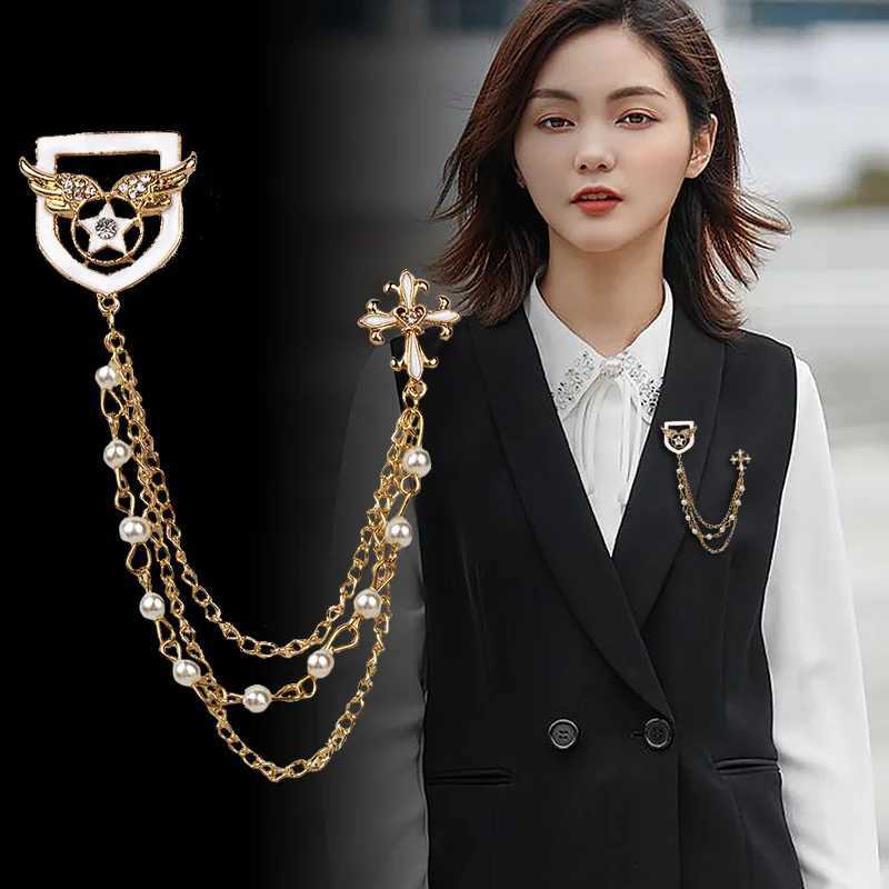 Korean British Style Crown Bird Brooch Cross Suit Tassel Chain Lapel Pin Angle Wings Badge Retro Female Corsage Men Accessories J251115