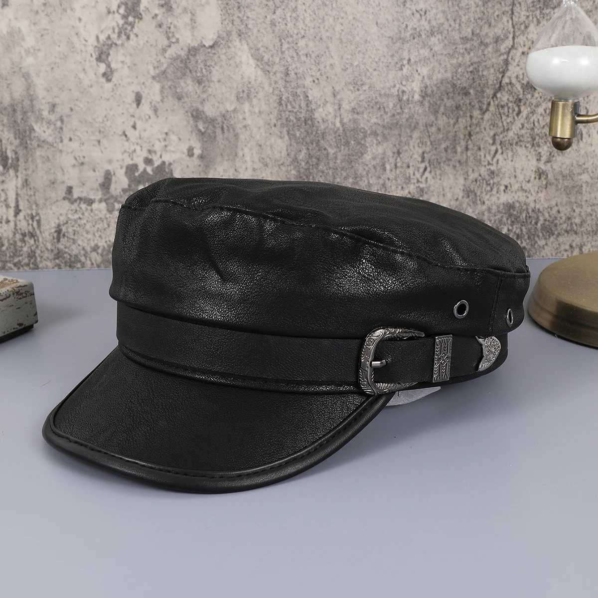 Black PU leather arrowdecorated navy hat European and sweet and cool flattopped newsboy hat shop and gatherin Y251025