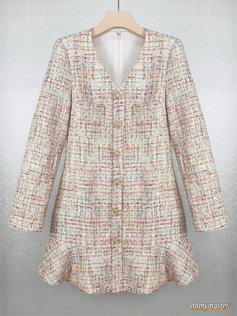 Dresses Women, Women's Tweed Mini - Elegant V-Neck Long Sleeve A-Line Ruffle Hem Short Dress For Autumn Fashion Ddmymaster