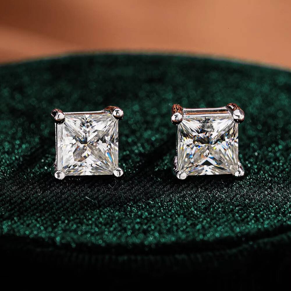 925 Sterling Silver Princess Moissanite Earrings VVS1 Lab Created Diamond for Men and Women Stud Jewelry