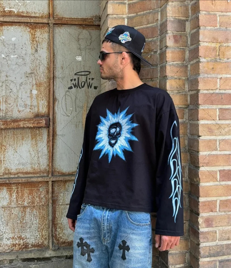 Gothic Punk Harajuku Y2K Casual Loose Black Cotton Long Sleeve Men American Retro Street Hiphop Fashion Oversized Top Women 251020