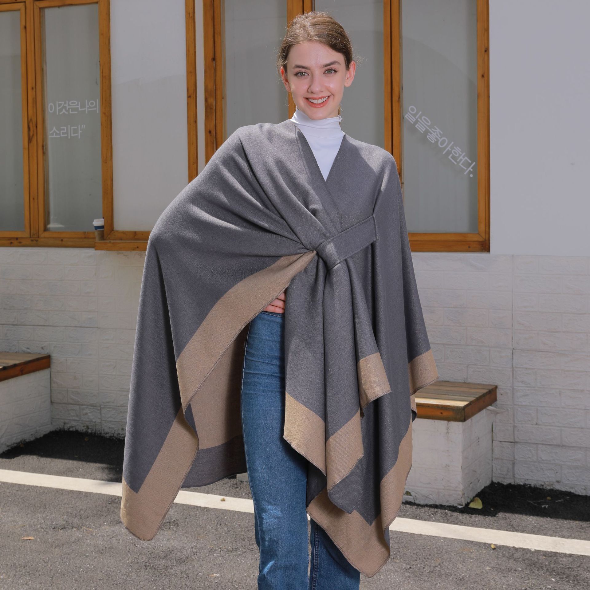 HotSelling LaceUp Split Shawl Womens DoubleSided Imitation Cashmere Split Cape Cardigan