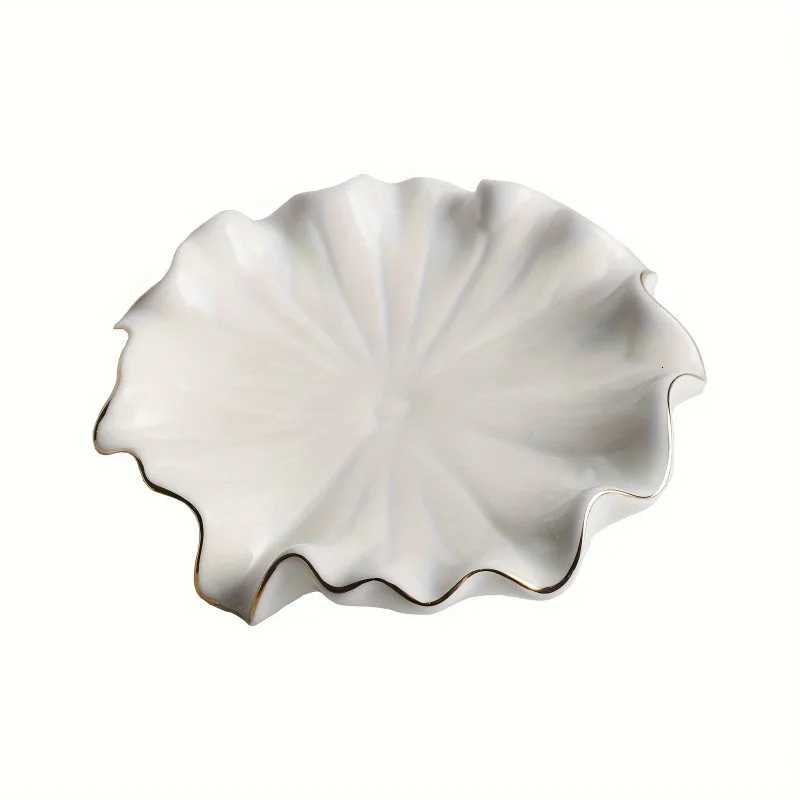 1pc Elegant White Ceramic Soap Dish with Golden RimShellInspired Design Round for Lotus Leaf Shape Holder Y251025