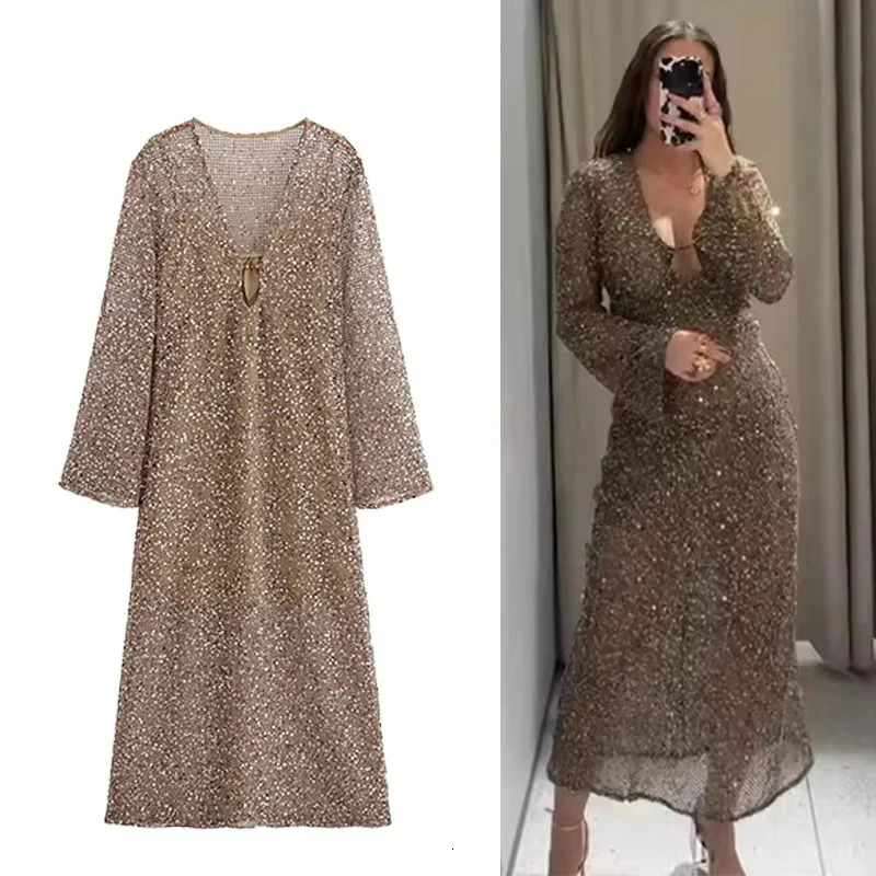 Sexy Sequined Long Pleated Dress Women Deep Vneck Full Sleeve See Through Dresses 2025 Summer Lady Party Evening Dresses 251023