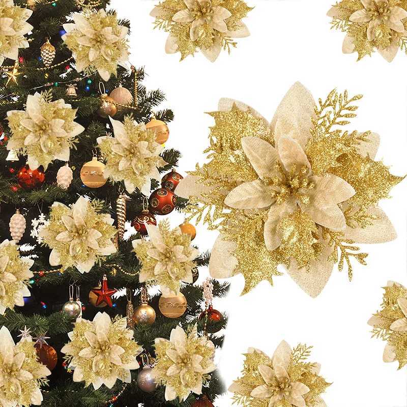 3Pcs 14cm Christmas Flowers Glitter Artificial Red Gold Flower Head Berry DIY Xmas Tree Ornament Decorations for Home New Year C251024