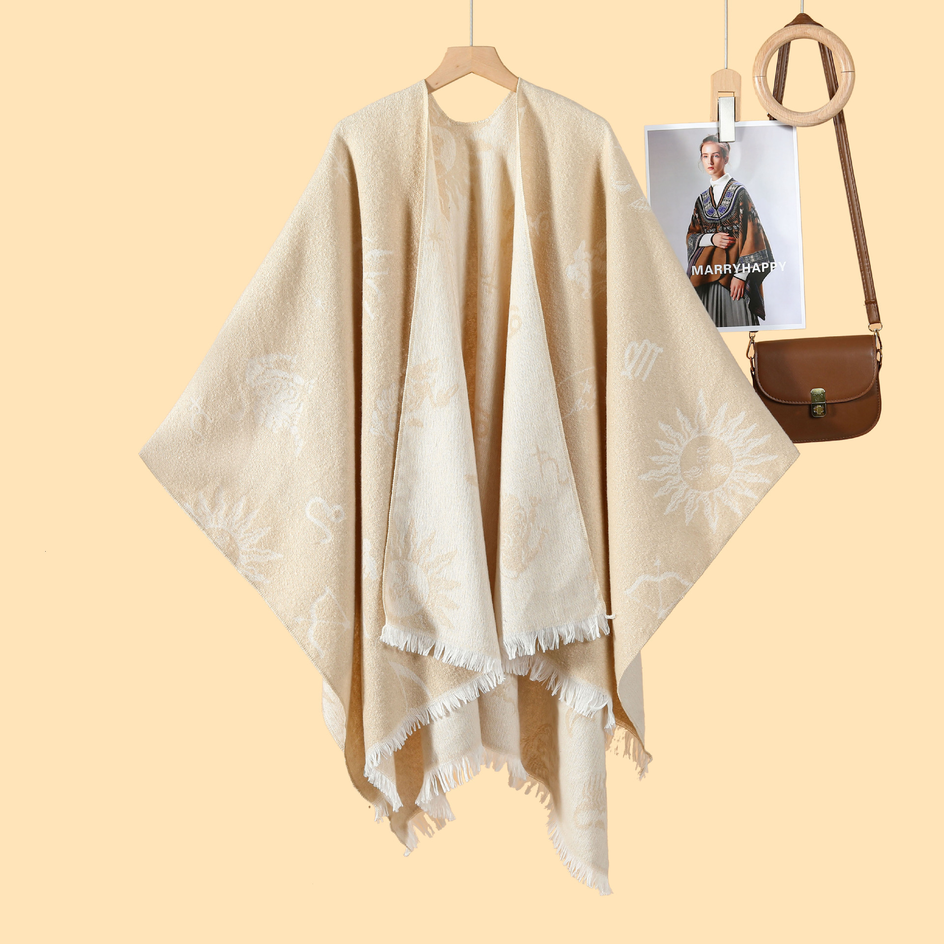 New Style Pastoral Style Womens DoubleSided Loose Beaded Jacquard Warm Split Outer Cape Cloak