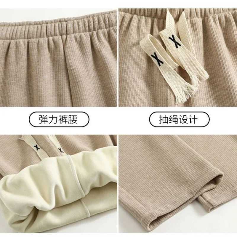 Autumn Winter Korean Fleece Women Thicken Pants Elastic Waist Stright Long Wide Leg Pants Fleecelined Knitting Warm TrousersT251025