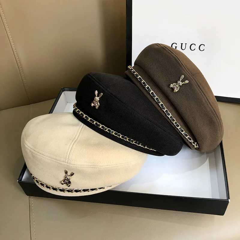 Sweet cool metal chain beret fem British retro star anise hat autumn and winter Korean version fashion bud painter hat tide Y251025