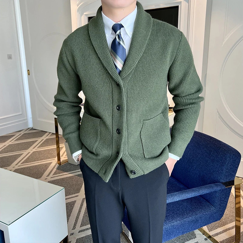 Winter Mens Knitted Buttons Cardigan Sweatercoat Long Sleeve Casual Streetwear Suit Collar Solid Vintage Coat 251020