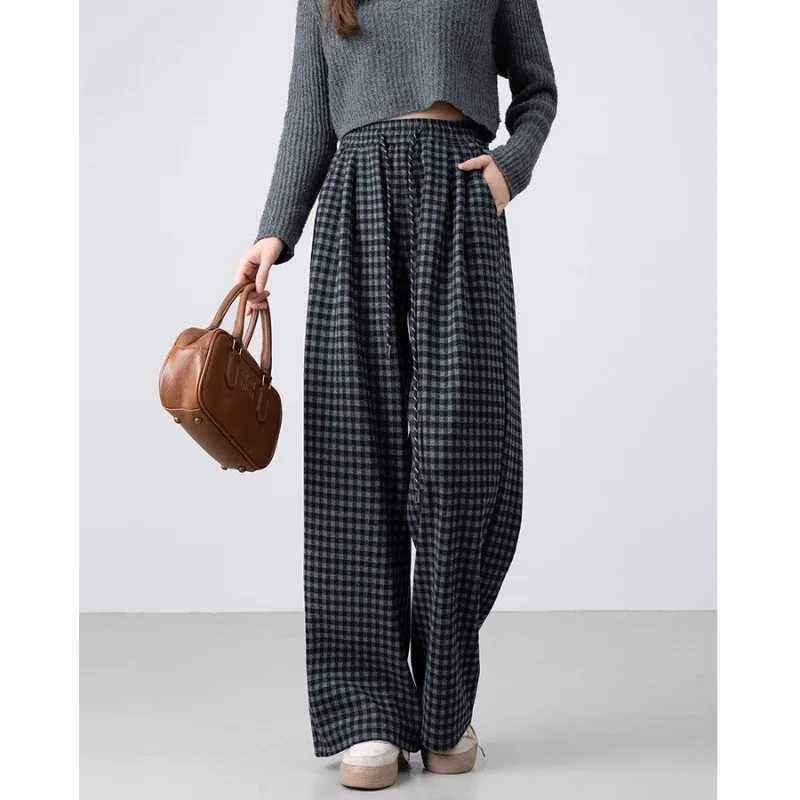 Autumn Winter New Retro Brushed Plus Velvet Plaid Casual Pants Loose Slimming Warm Straight Mens TrousersT251025