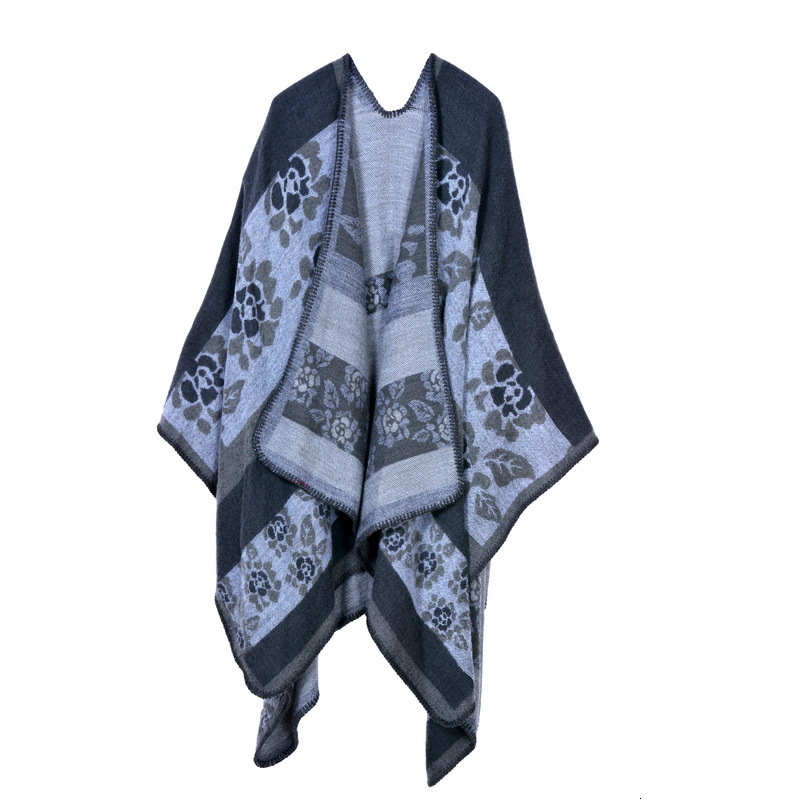 Feng Womens Autumn Winter Thickened Small Flower Warm Imitation Cashmere Shawl Cape Reversible Coat Womens Scarf