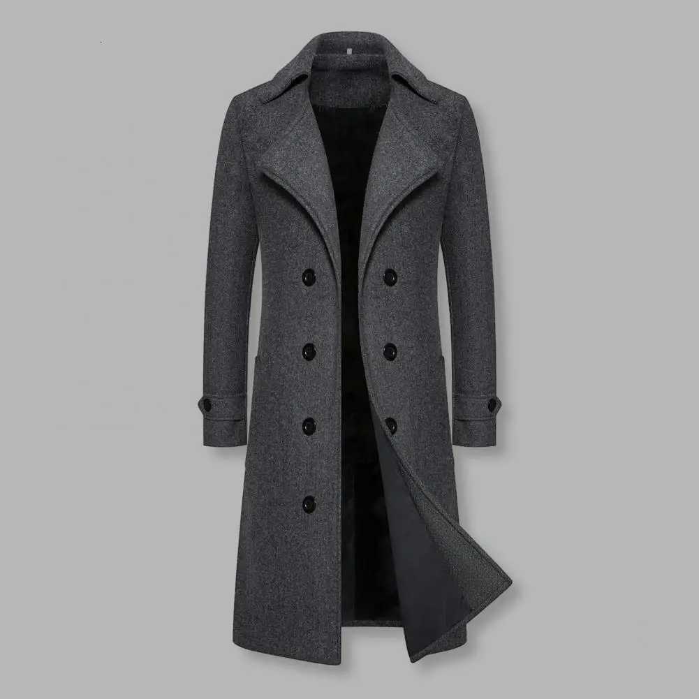 Men Overcoat Doublebreasted Slim Fit Mid Length Long Sleeve Thick Windproof Warm Soft Cardigan Buttons Lapel Men Long CoatT251025