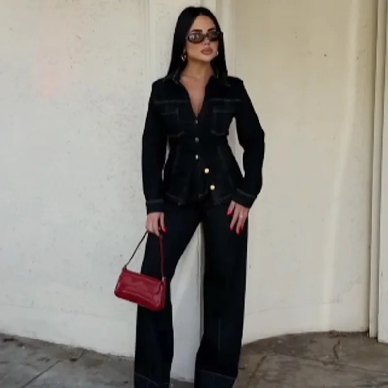 HXAO Black Denim Pant Sets Womens Two Pieces Set Slim Long Sleeve Shirt 2 Piece Sets Woman Outfit High Waist Flare Trousers Set 251021