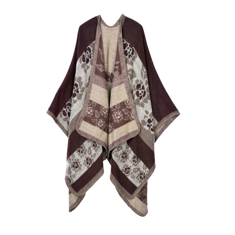Feng Womens Autumn Winter Thickened Small Flower Warm Imitation Cashmere Shawl Cape Reversible Coat Womens Scarf