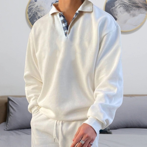 2025 Autumn Long Sleeve V-neck Turn-down Collar Loose Sweatshirt Men's Fashion
