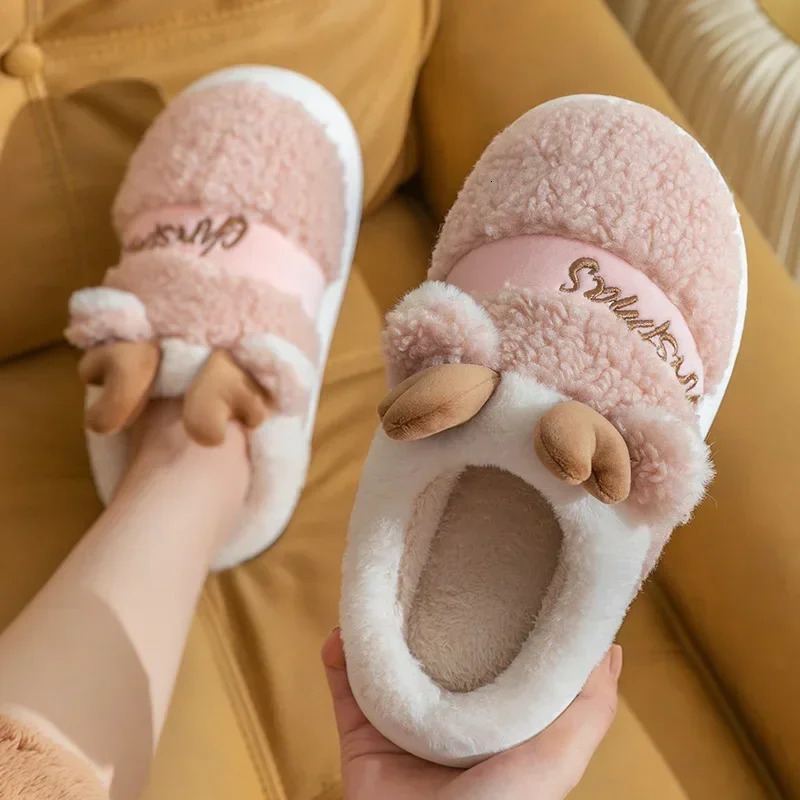 Thick Sole Christmas Deer Slippers Women Indoor Warm Slippers Men Soft Plush Home Floor Shoes Winter Platform Shoes Gifts 2024251020