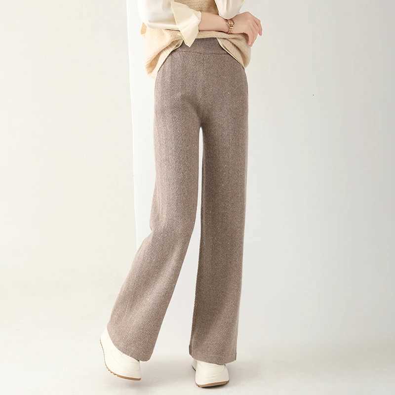 Women Wool Wide Leg Pants Elastic Waist Threaded Pattern Trousers Autumn Winter 100 Merino Wool Trousers Knit Soft Warm PantsT251025
