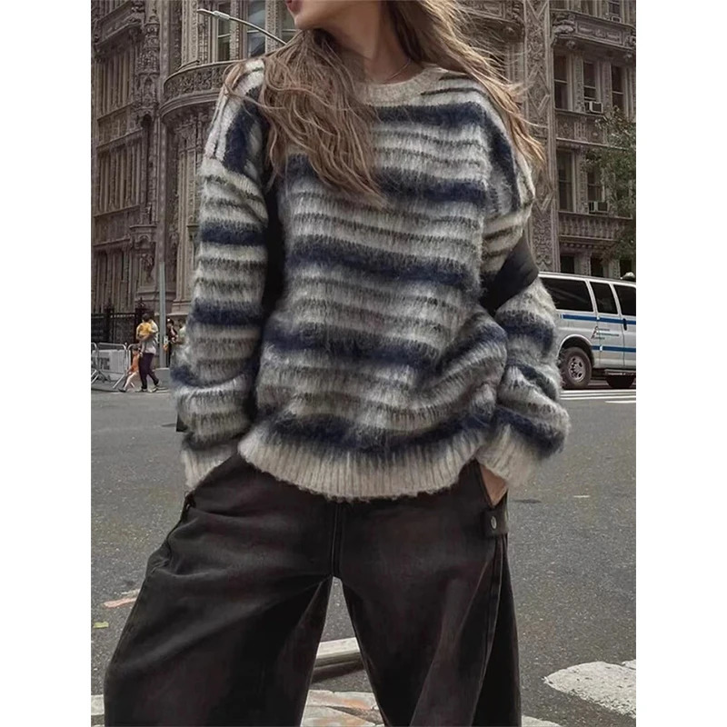 Harajuku Striped Sweater Women Vintage Long Sleeve Knitted Pullovers Winter Korean Patchwork Knitwears O Neck Casual Jumpers 251023