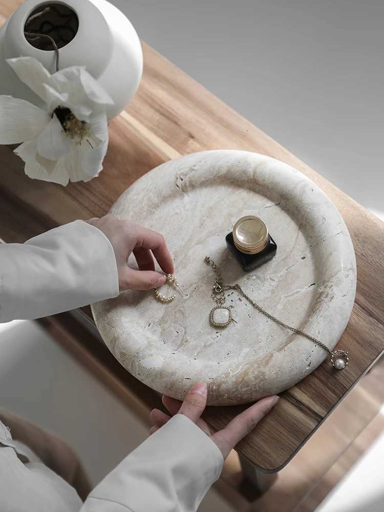 Trending Beige Travertine Serving Tray He Decor Vintage Bathro Vanity Tray Decorative Round Jewelry Plate Y251025