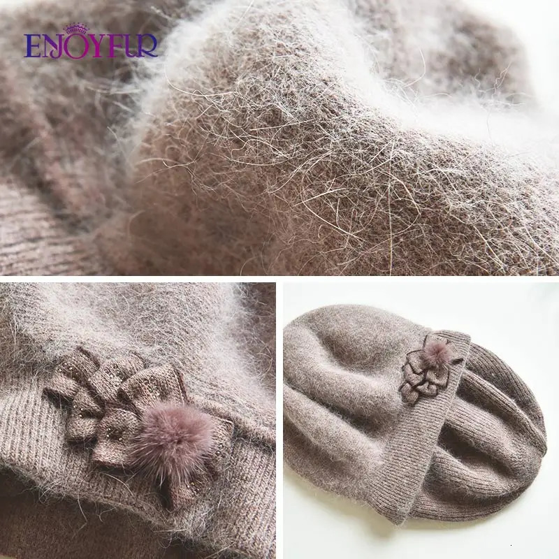 ENJOYFUR Cashmere Beret Hat Female Rabbit Knitted Winter Hats Caps Lady MiddleAged Cap Fashion BowKnot Ball Gorro Warm Hat 251023