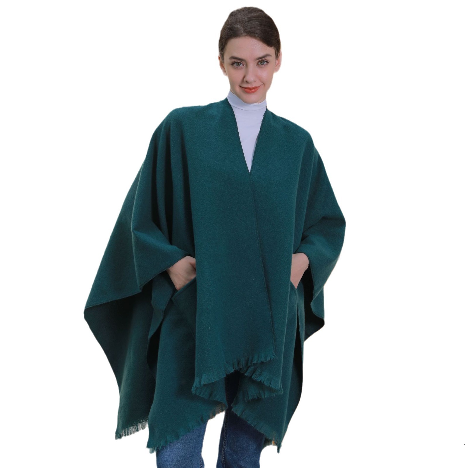 New Solid Color Pocket Shawl for Women Versatile Tassel Split Cape Travel Outerwear Warm Cardigan