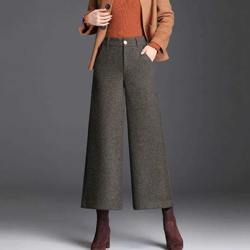 2024 New Woolen Wide Leg Pants Ladies Autumn Winter Anklelength Pants High Waist Loose Straight Fleece Women Clothes TrousersT251025
