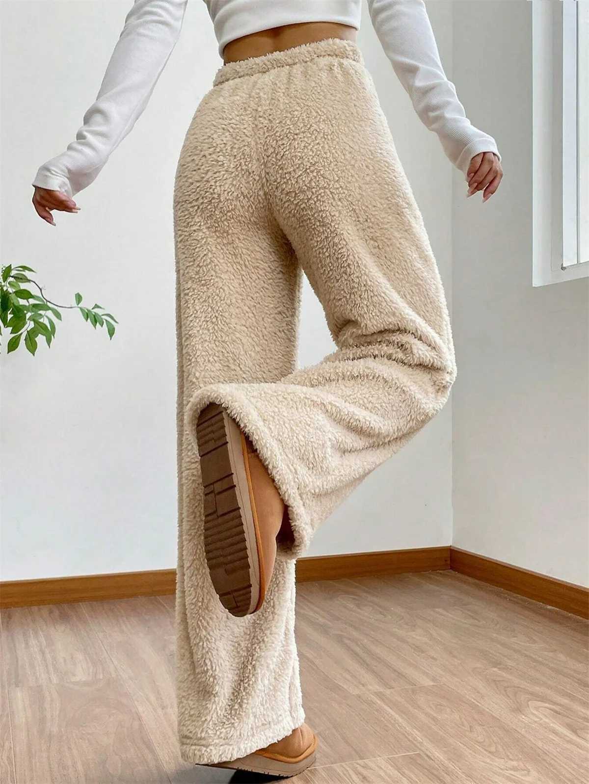 Women Drawstring Autumn Winter Pant Fashion High Wasit Plush Warm Pants Casual Straight Outfit Trousers Lady Streetwear VintageT251025