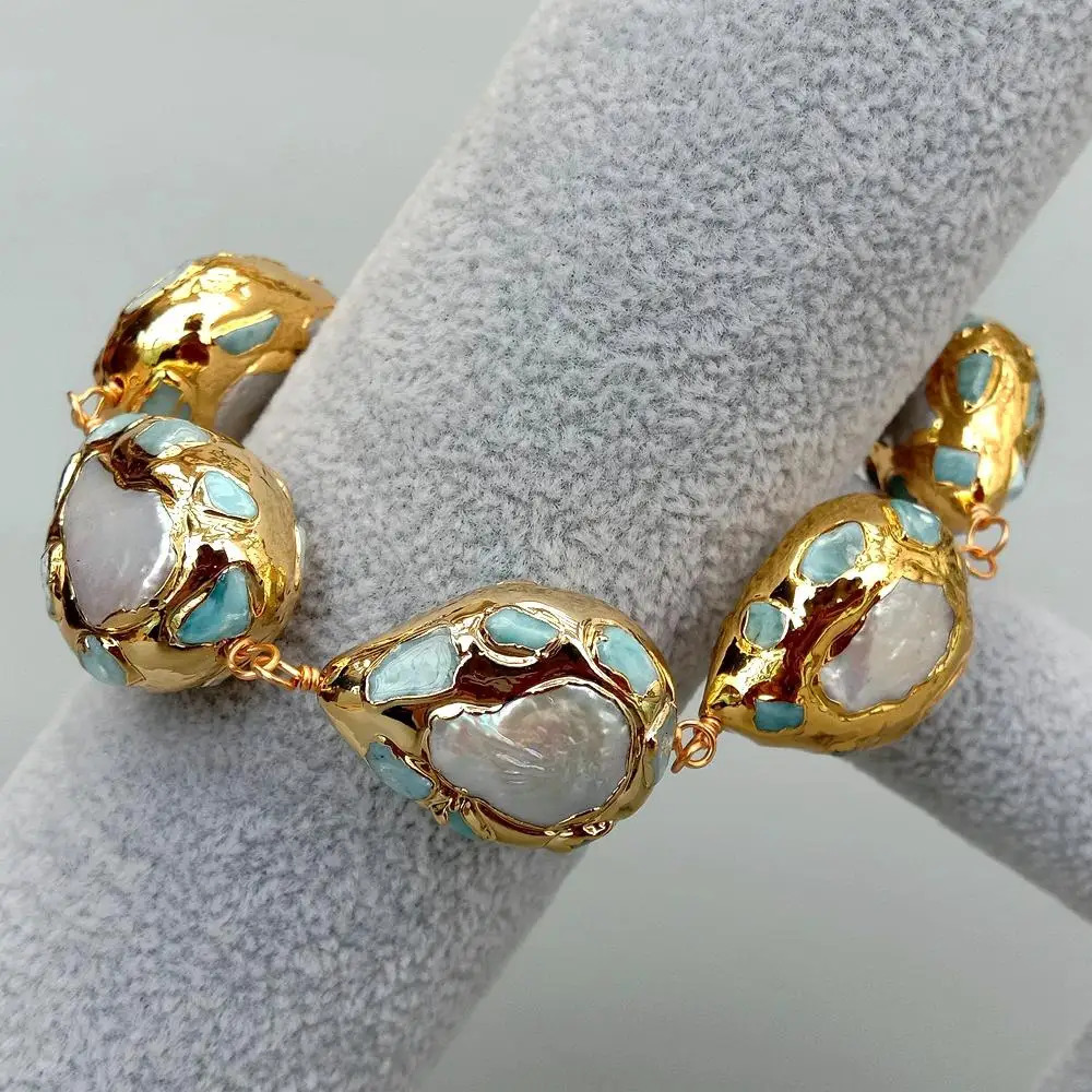 YYGEM Natural White Coin Freshwater Pearl Pave 22x28mm Blue larimar Chips Teardrop Gold Color Plated Wrap Bracelet 9 251016