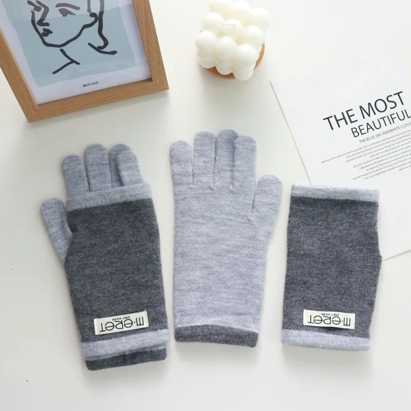 Thickened Leaky Finger Korean Style Ladies DualUse Color Matching Knitted Fashion Touch Screen Finger Knitting Wool Gloves 251023