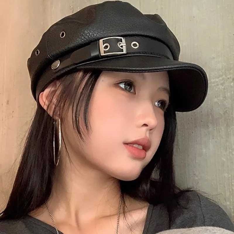 Y2K Sweet Cool Berets C Black PU Leather Painter Hats Vintage Wen Winter Cs Harajuku Artist Outdoor Windproof Casual Hat Y251025