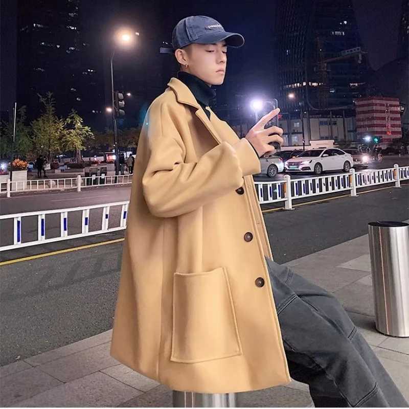 Woolen coat mens autumn and winter lamb wool thick solid color versatile suit collar jacket trendy couple mid length windbreakeT251025
