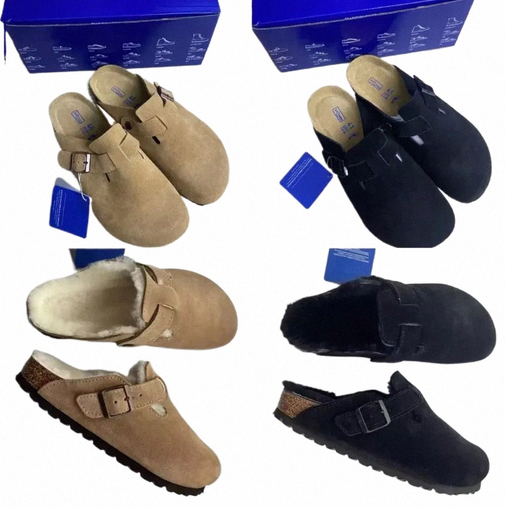 boston clogs big size eur35-46 Shearling slippers winter slides soft footed platform german Slipper Fur Suede Leather Slippers nubuck wood cork boston P7Jp#