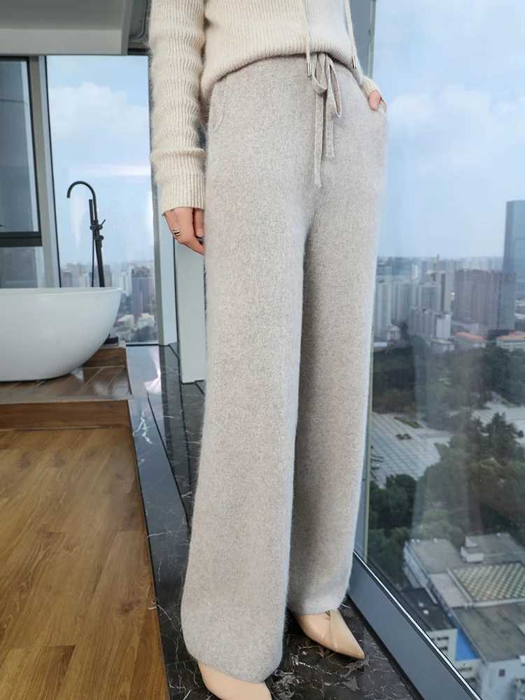 Womens Cashmere Trousers Elastic Waist Wide Leg Pants Autumn Winter 100 Mink Cashmere Knitwear Pockets Casual Drawstring PantsT251025