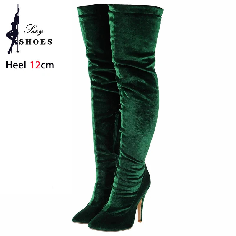 Velvet Long Boots For Women 2024 Spring Autumn Over Knee Shoes Lady Pointed Toe Stiletto Heels Plus Size Elastic Thigh Boots 251023