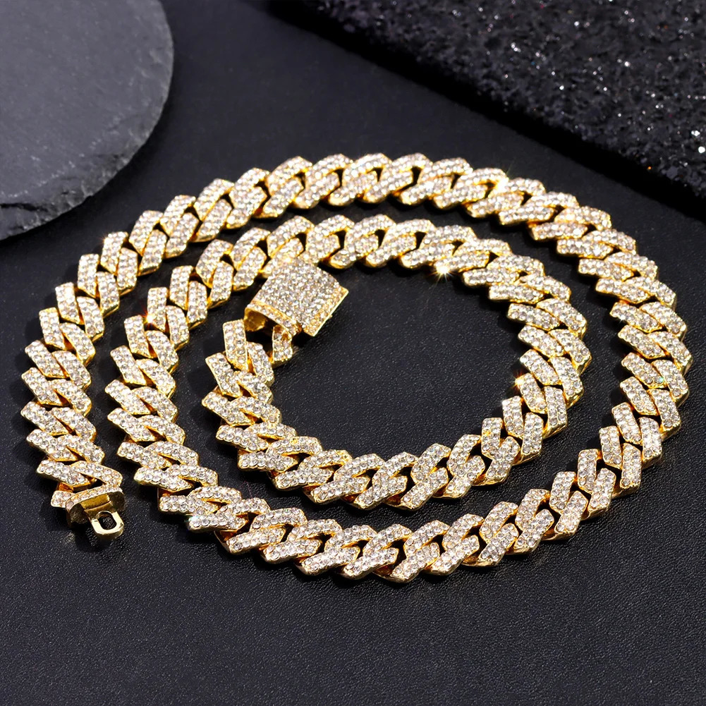 161824inch Gold Color Cuban Link Chain for Women Men 2 Row Rhinestone Rhombus Prong Cuban Necklaces Hip Hop Jewelry 251013