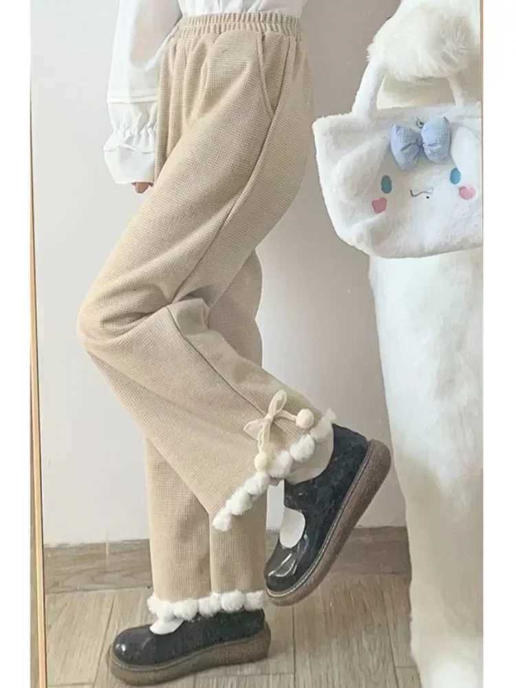 Japanese Kawaii Pants Women Wide Leg Cute Sweatpants Sweet Harajuku Lolita Vintage Baggy White Trousers with Bow WinterT251025