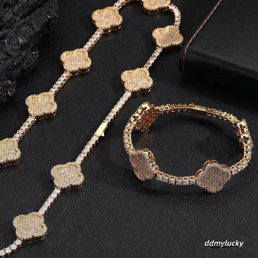 Hip Hop Fine Jewelry Four-Leaf Clover Tennis Necklace Women Gold Plated 3A Zircon Iced Out Bling Dia Chain Ddmylucky