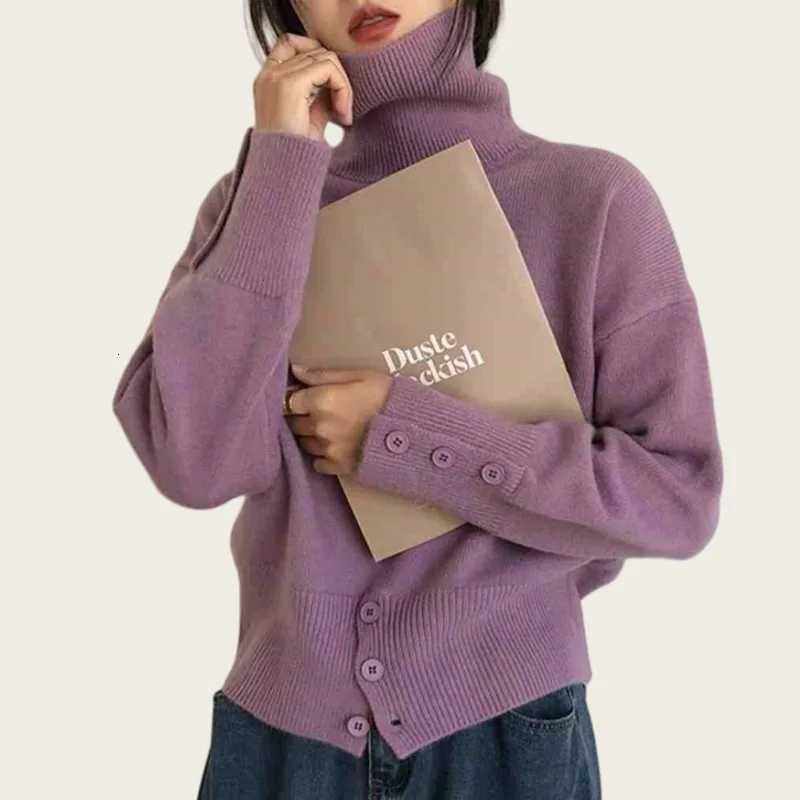 New Turtleneck Long Sleeve Pullover Sweater for Women Autumn Winter Elegant 2025 Fashion Hem Button Sweaters Casual Knit TopT251025