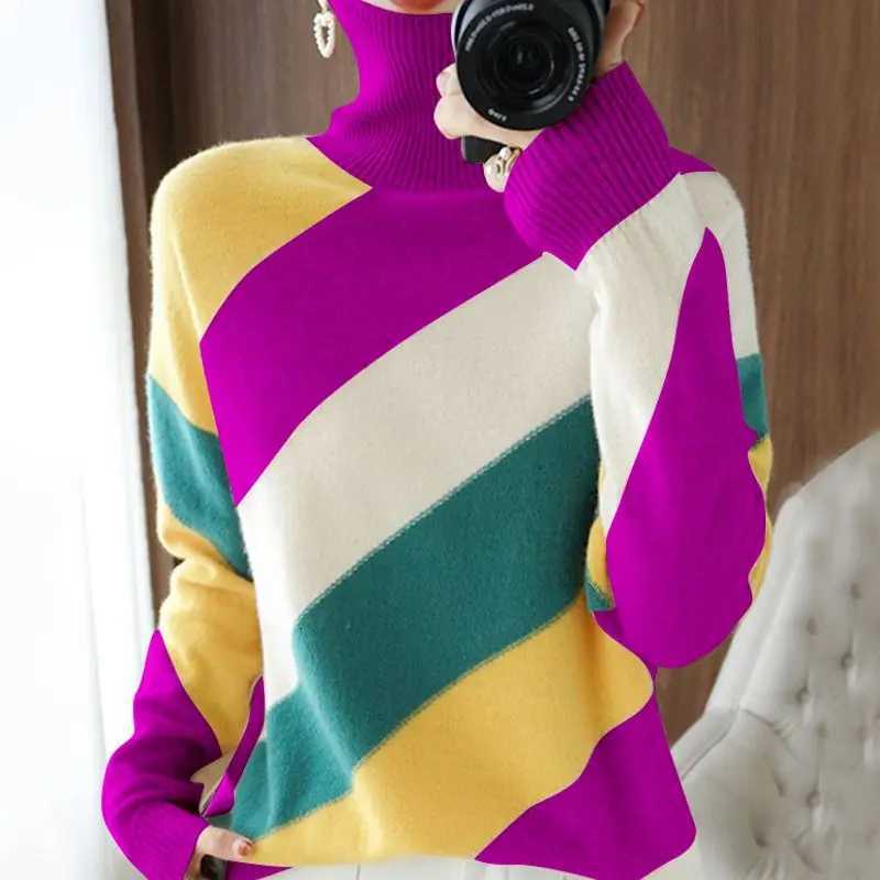 Autumn Winter New Turtleneck Long Sleeve Fashion Sweater Women High Street Contrast Color Pullovers Casual Elegant Allmatch TopT251025