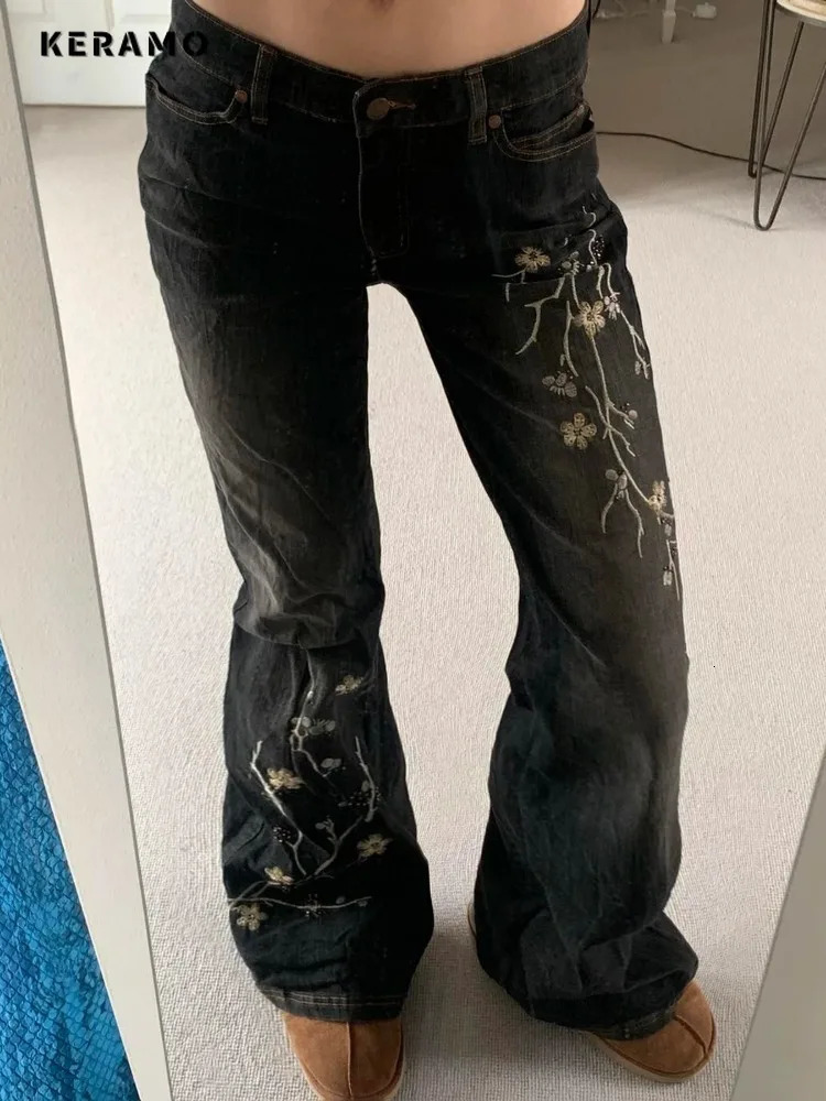 Weekeep Floral Embroidery Jeans Vintage 2000s Low Rise Flared Jeans Women Retro y2k Baggy Denim Pants High Street Basic Trousers 251023