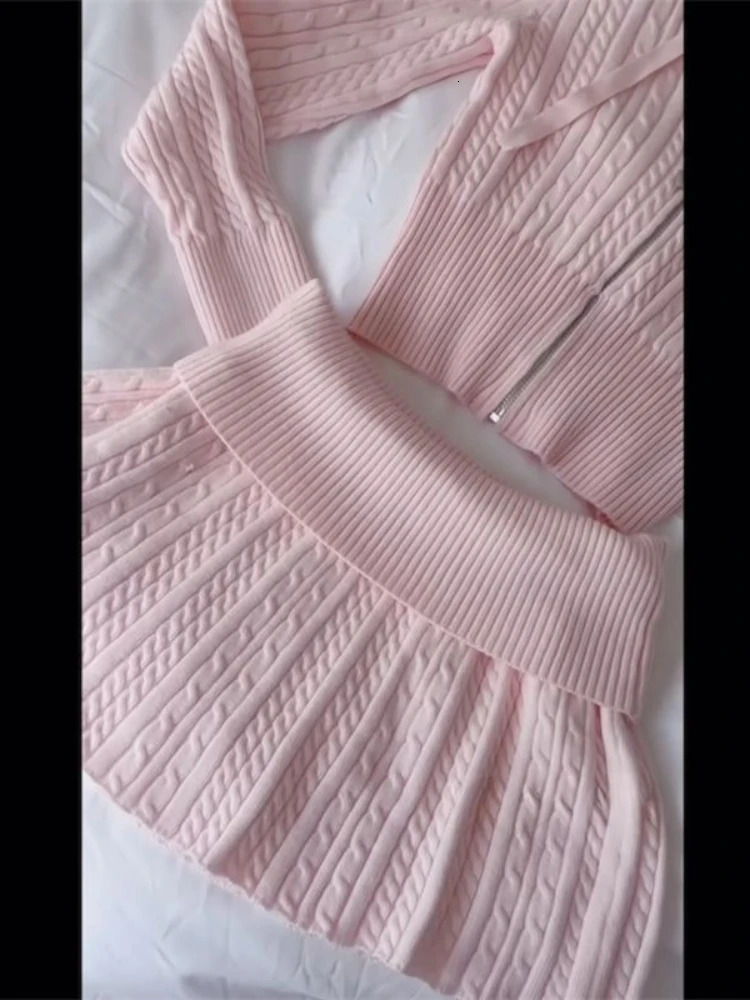 Fashion Girl Pink Knit 2piece Set Women Sweet Skinny Long Sleeve Hooded Tops Female Elastic Waist Short Skirt 251020