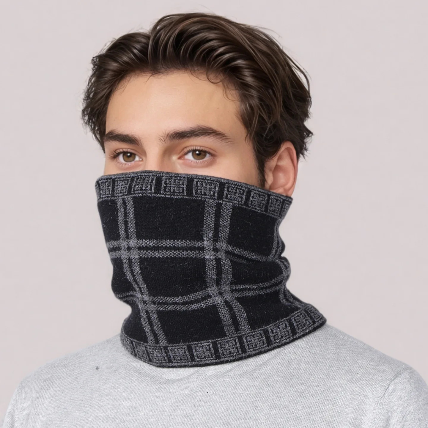 Winter Men Windproof Thickened Neck Gaiter Cashmere Warm Plaid Neckerchief Fashion Simple Knit Neck Cover Ring Scarf 251020