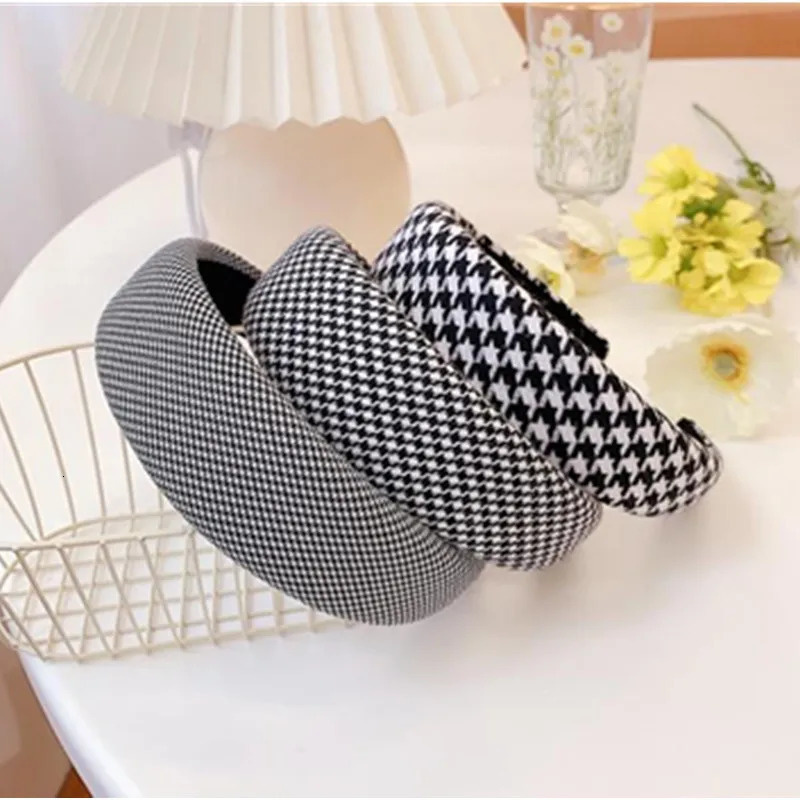 Women Classic Houndstooth Plain Headbands Sponge Inside Ladies Plaids Print Padded Hairbands Style Head Band 251023