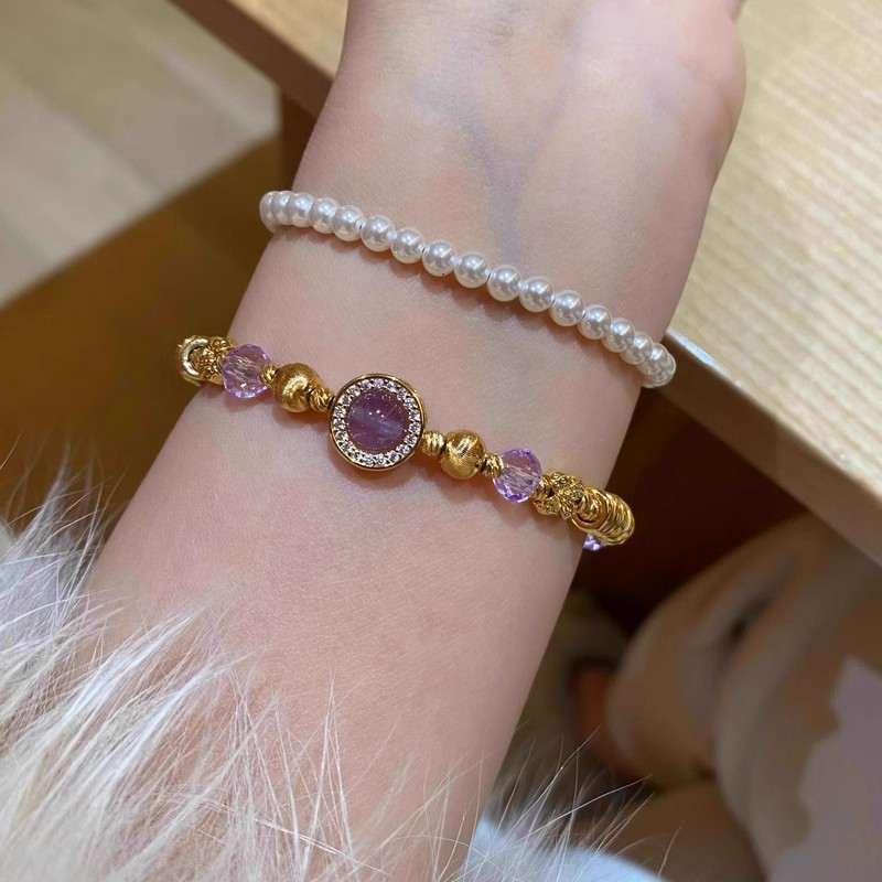 TaiYang New Gold Plated Copper Purple Coiled Bead Bracelet, Gold Plated Wealth-Attracting Bangle with Zircon Accents for Women
